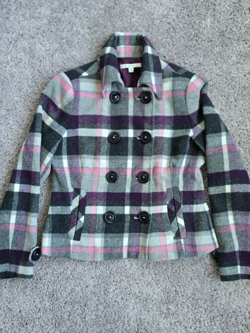 CABI Womens Plaid Pea Coat Wool Blend Cropped Pink Gray Double Breasted 6